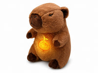 Sanki breathing capybara plush, clean studio photo with glowing belly nightlight